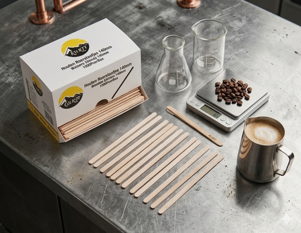 Houten Roerstaafjes Kurtt – Dispenser met 1000 Stuks voor Koffie & Thee