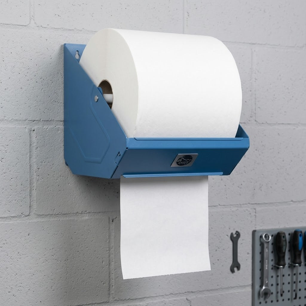 Blauwe wandhouder met witte industriële poetsrol