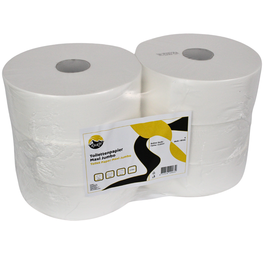 Toiletpapir, toiletpapir, maxi jumbo 380 m, ca. 1000 ark, toiletpapir 6 store ruller med 2-lags cellulose egnet til dispensere.