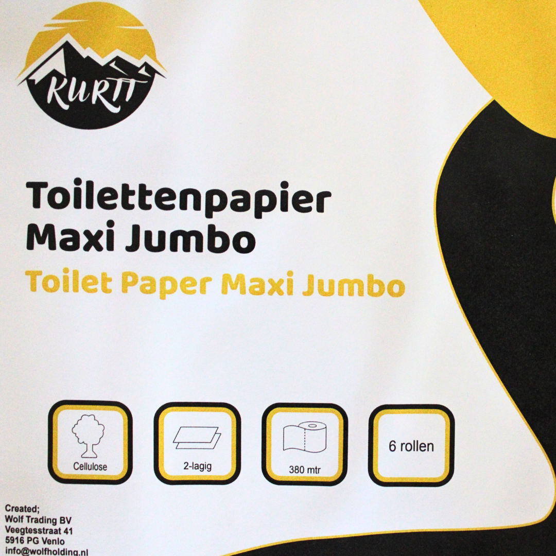 Toiletpapir, toiletpapir, maxi jumbo 380 m, ca. 1000 ark, toiletpapir 6 store ruller med 2-lags cellulose egnet til dispensere.