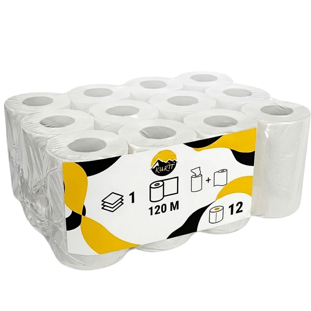 Mini rengøringsruller 1-lags 120m | Centerfeed dispenser genopfyldning | 12 ruller
