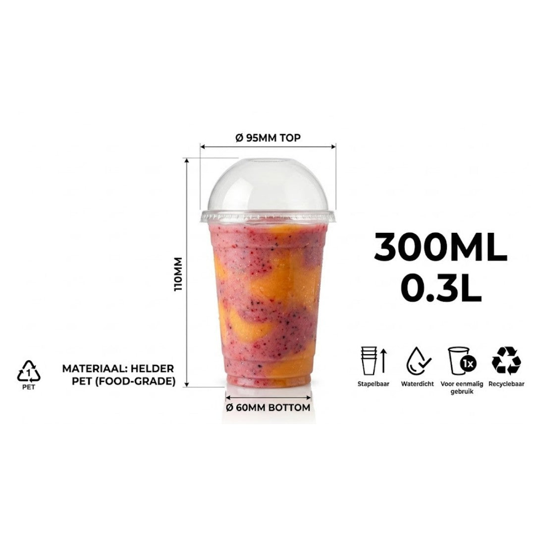 100x Smoothiebægre med låg 300ml Transparent plast