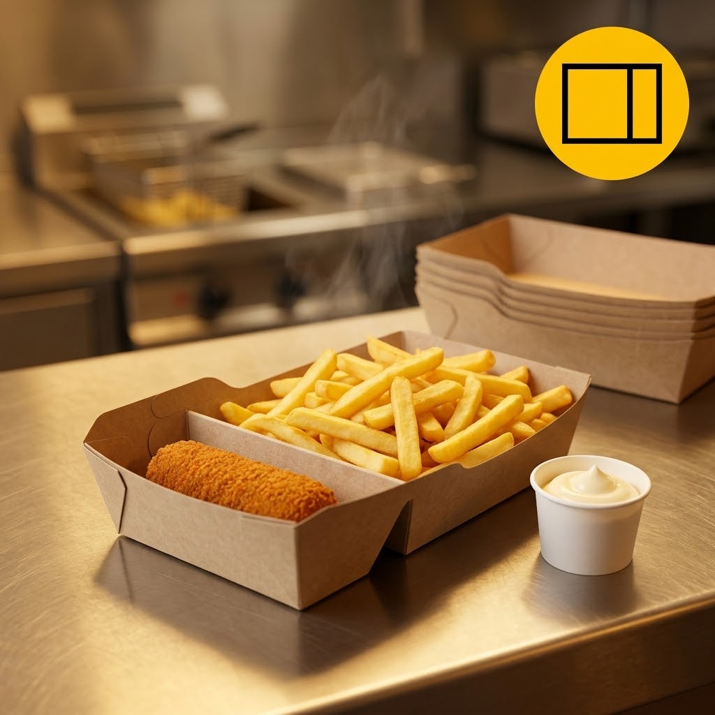 Kraft snackbakker A20 fedttætte med skillevæg – 210x115x48mm kraftpapir pommes frites-bakke | 50/100/500 stk.