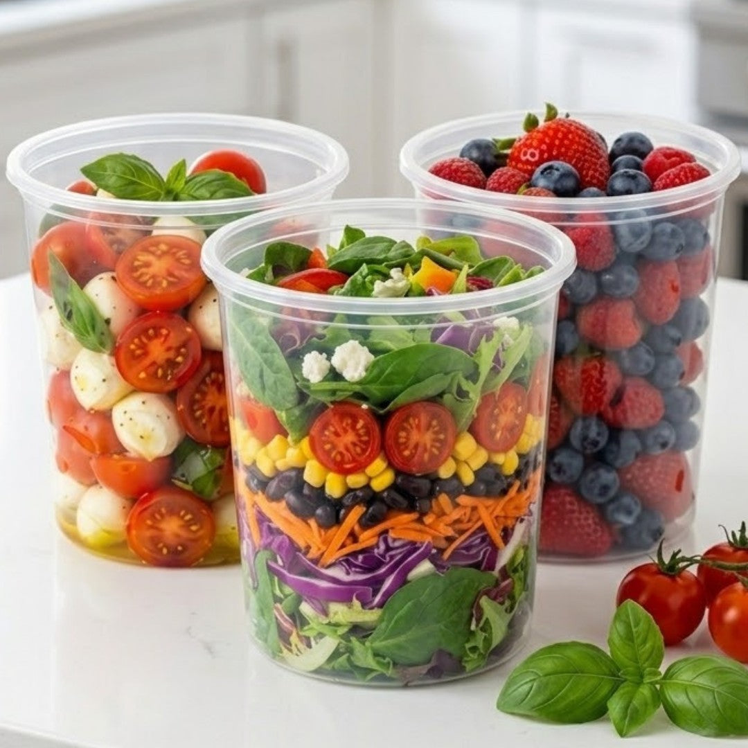 Plastbøtter 1000ml transparente med låg – 100 stk. | Opbevaringsbokse mikroovnssikre