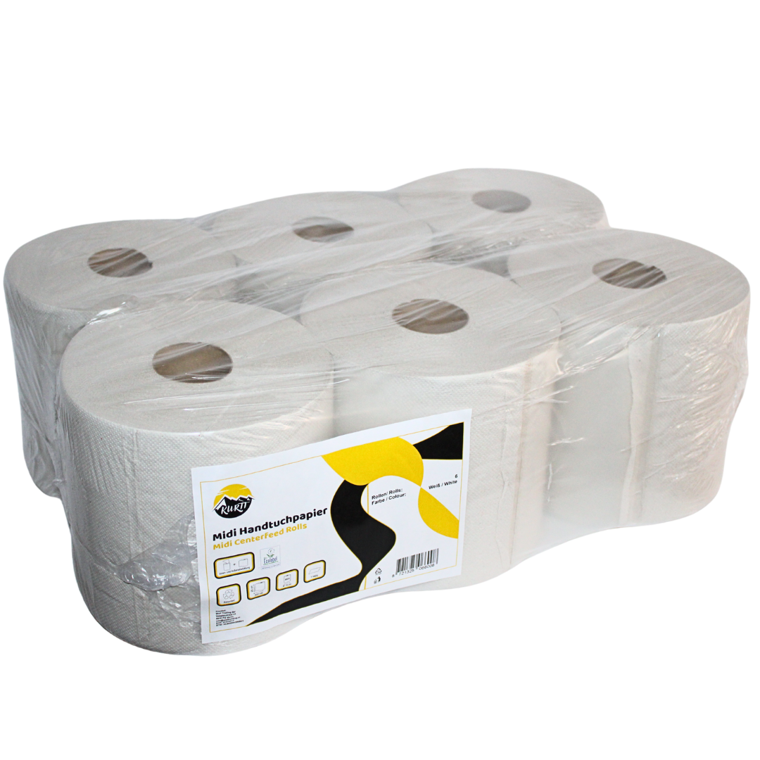 Rengøringsruller 300 m MIDI Rolls genanvendt 1 -lag - 6 stykker