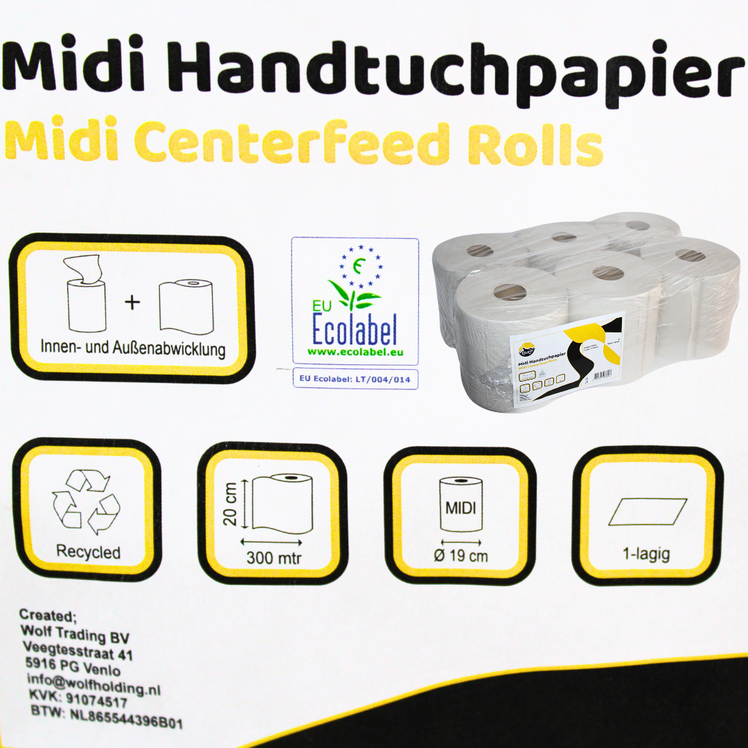 Rengøringsruller 300 m MIDI Rolls genanvendt 1 -lag - 6 stykker