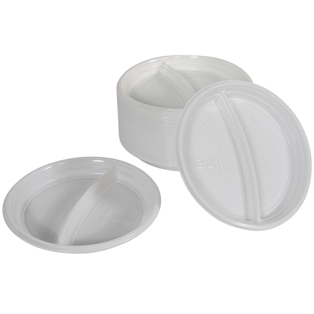 Plasttallerkener 2-rums hvid - 100 stk. engangstallerkener til restauration