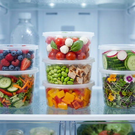 Plastbøtter 350ml runde transparente med låg – 100 stk. | Opbevaringsbakker mikroovnsegnet