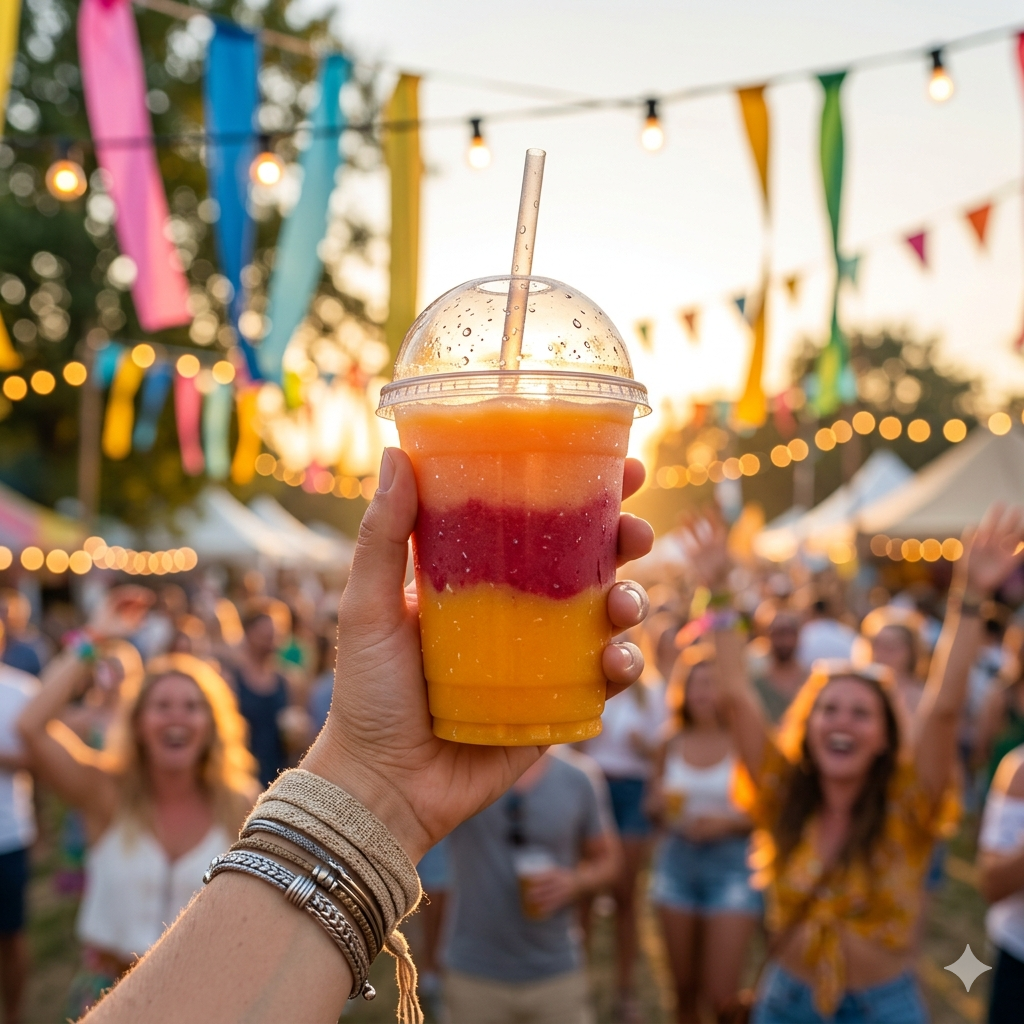 Smoothiebeker in de hand tijdens een festival