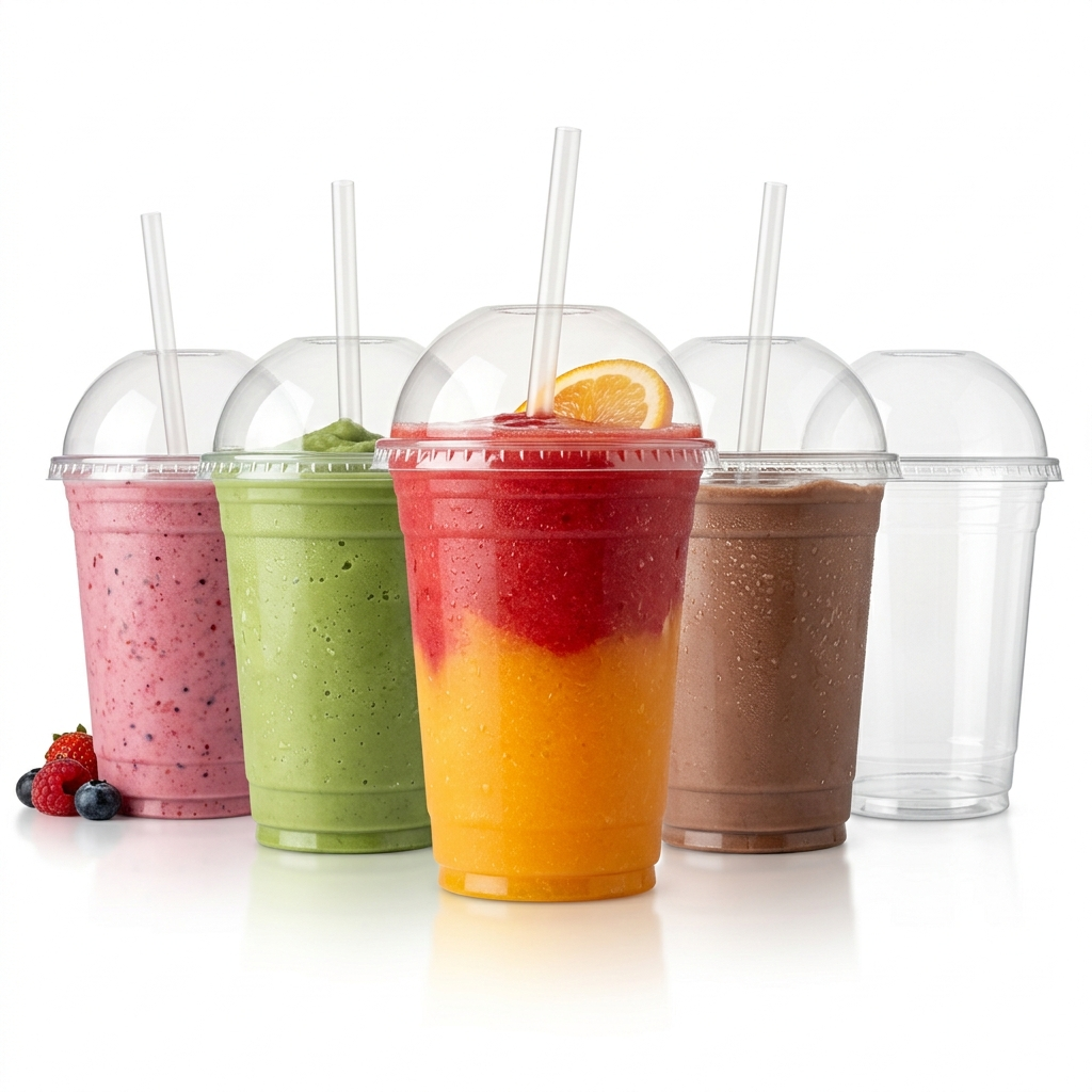 Vijf smoothiebekers met verschillende inhoud