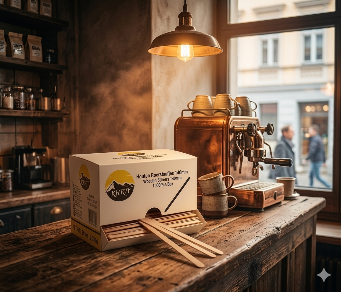 Houten Roerstaafjes Kurtt – Dispenser met 1000 Stuks voor Koffie & Thee