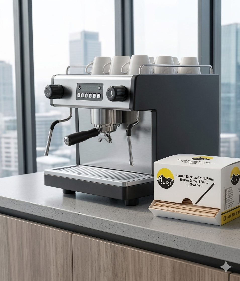 Houten Roerstaafjes Kurtt – Dispenser met 1000 Stuks voor Koffie & Thee