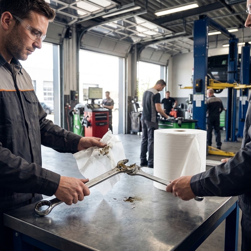 Monteurs reinigen gereedschap met wit poetspapier in een autowerkplaats