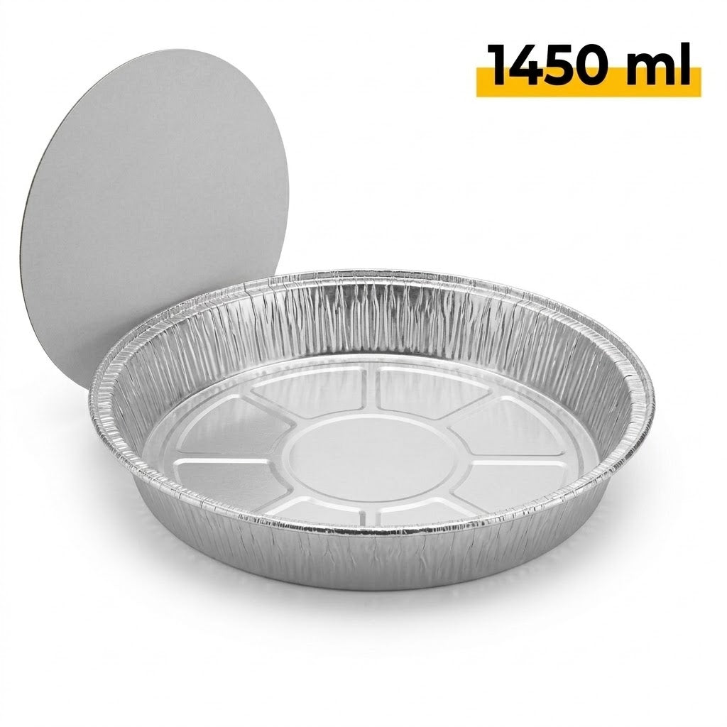 Aluminiumsbakker Runde 23 cm med Låg – 1450 ml – 100 Stk | C803L Ovnfaste Engangsbakker Takeaway Grill
