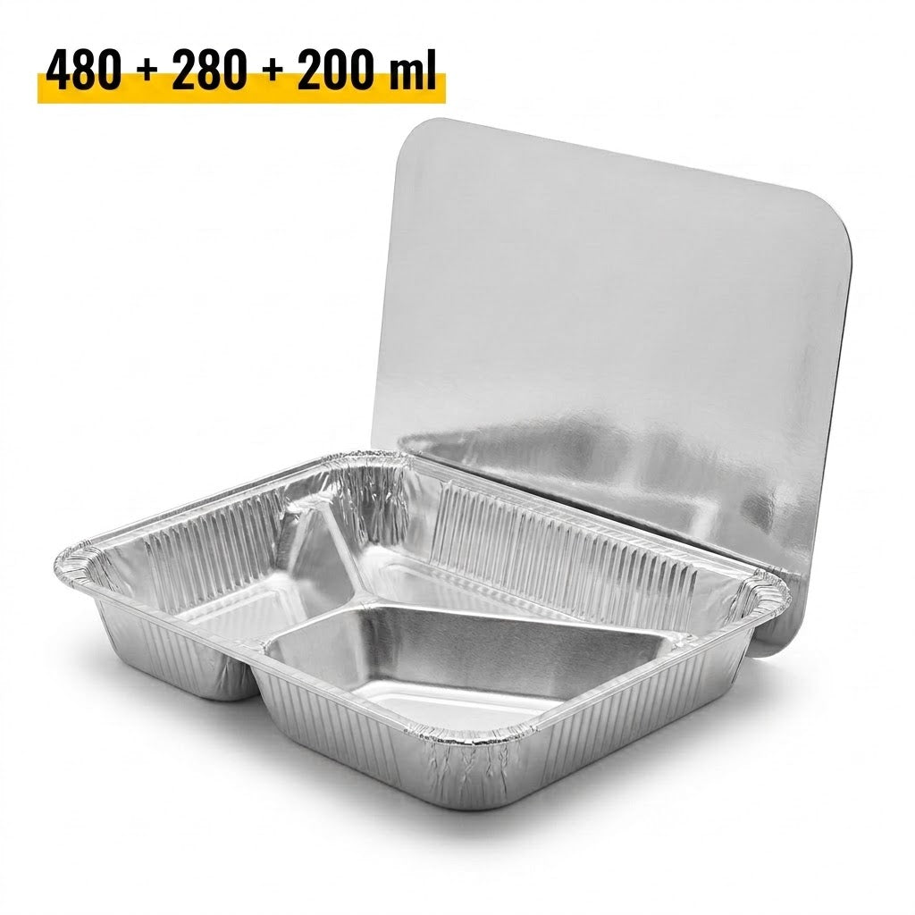Aluminiumsbakker 3-rums med låg 100 stk. – Menufad Take Away, Catering