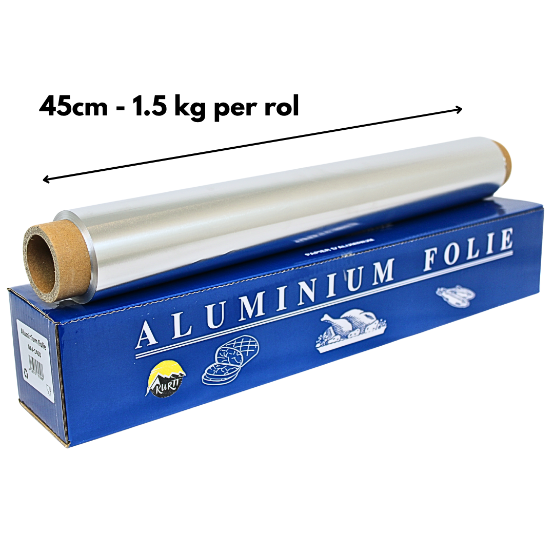 Aluminiumsfolie 45 cm (14 mikron) + skærekasse, ekstra stærk 1,6 kg pr. rulle folie