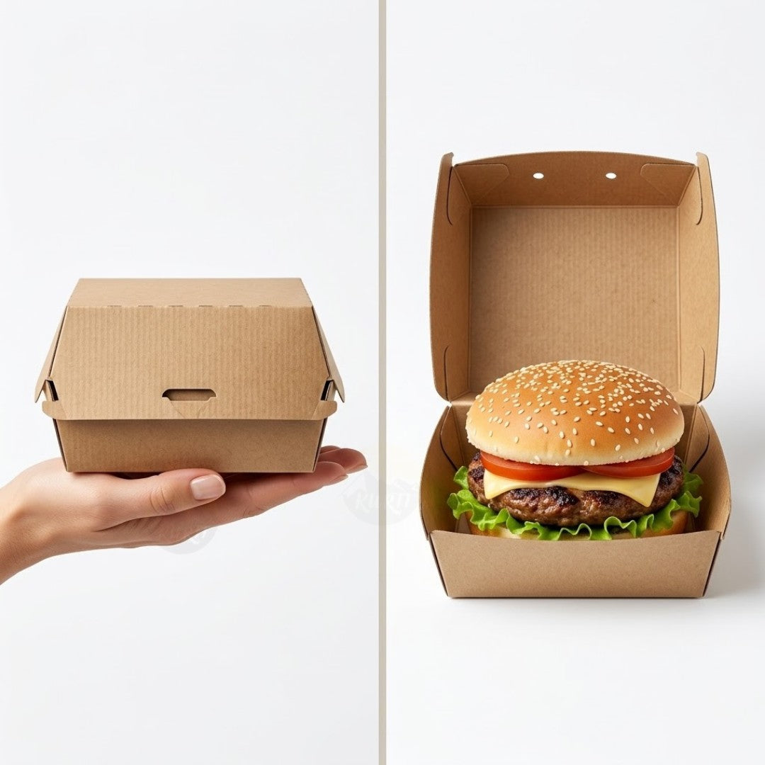 Burgerbakke kraft bølgepap BIO – Stærk burgerboks engangs | Mellem & Stor | 50/100/200 stk.
