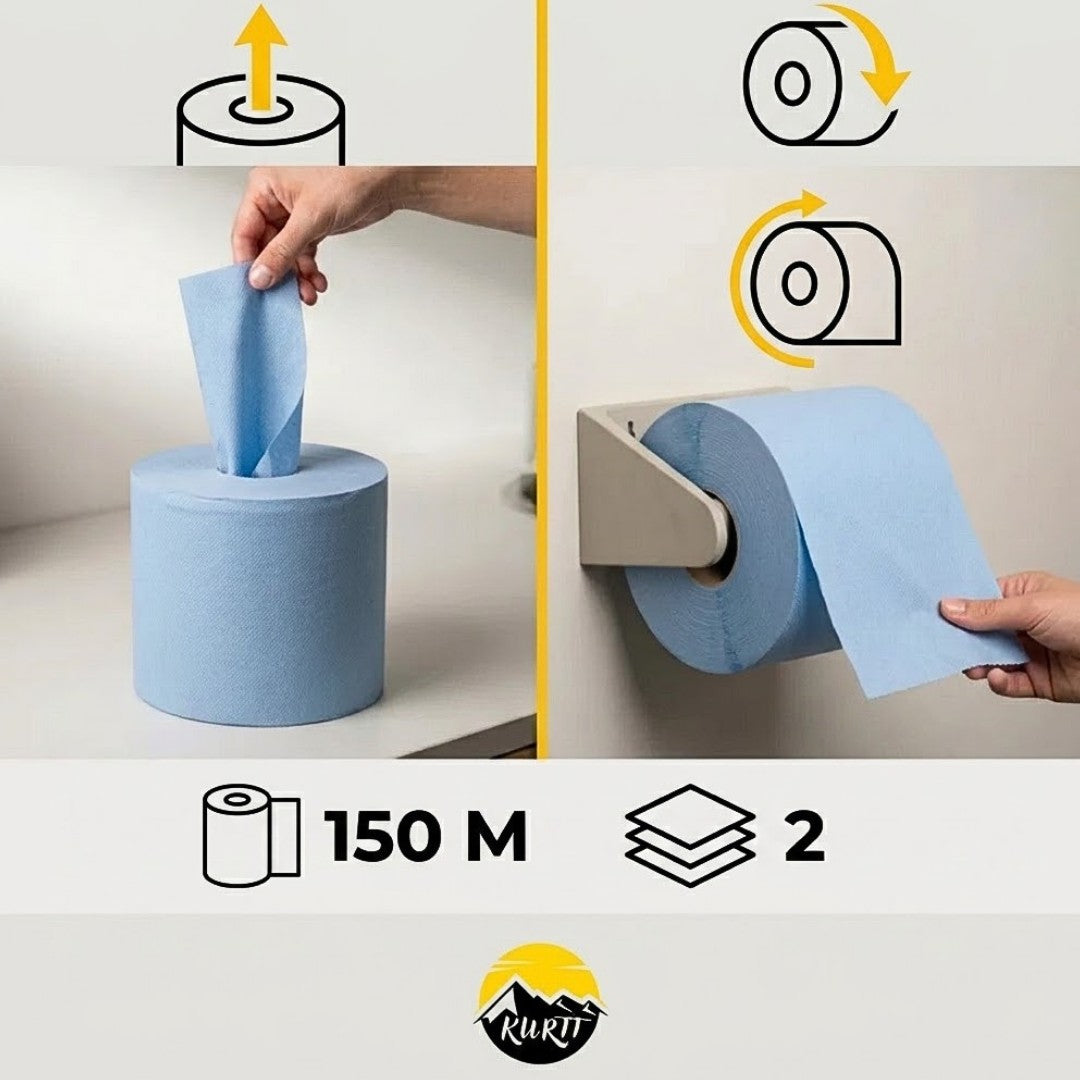6 pudseruller 2-lags 150M - Stærkt pudsepapir - Absorberende håndklæderulle, genbrugspapir, blå, egnet til restauration