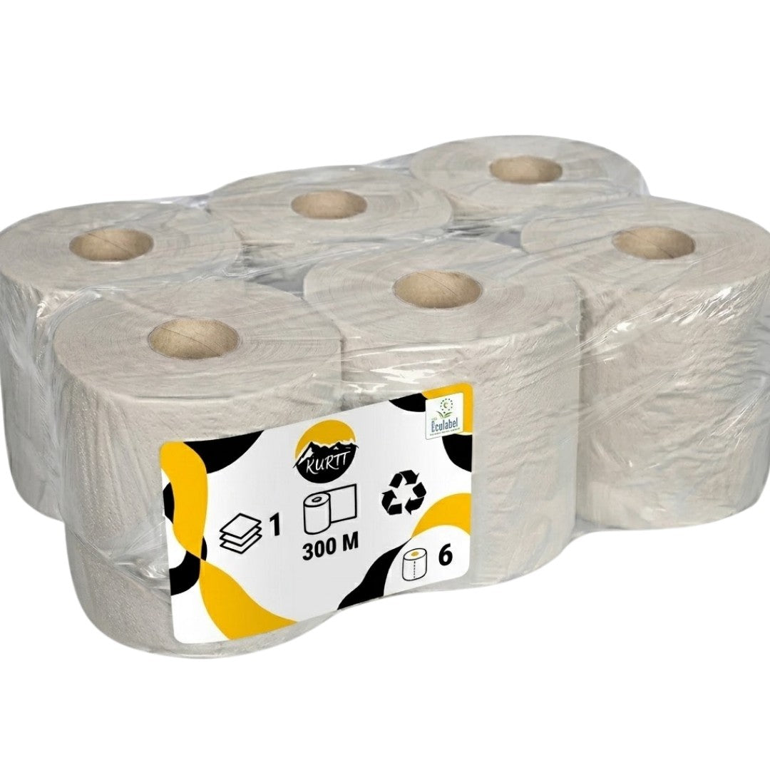 6x pudserulle 300M 1-lags grå (genbrug) pudsepapir dispenser-egnet - absorberer fremragende