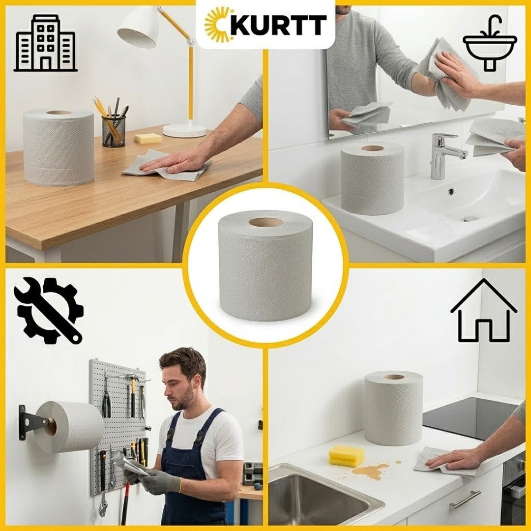 6x pudserulle 300M 1-lags grå (genbrug) pudsepapir dispenser-egnet - absorberer fremragende