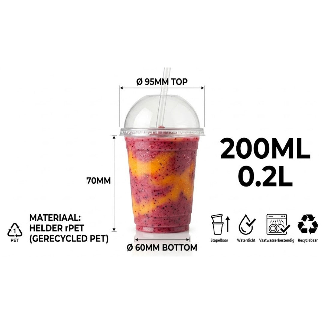 Smoothiebægre 200ml PET – 100 stk. | Inkl. kuppellåg med sugerørshul | SUP-afgift inkluderet