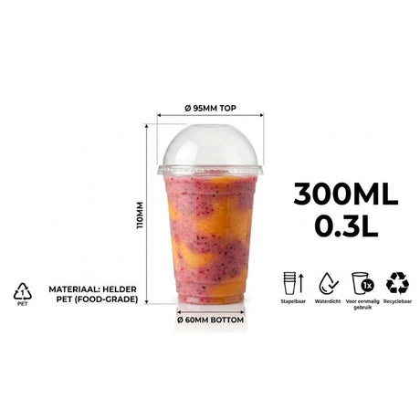 100x Smoothiebægre med låg 300ml Transparent plast