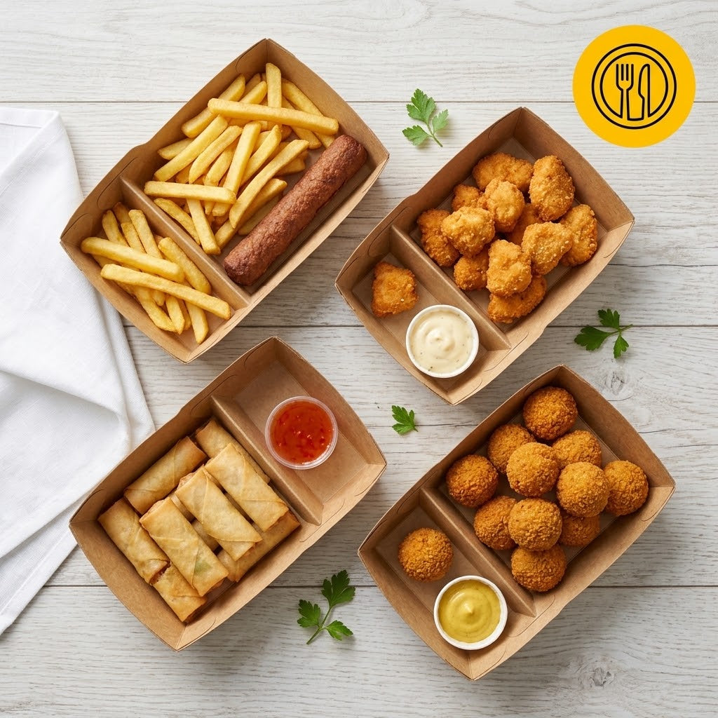 Kraft snackbakker A20 fedttætte med skillevæg – 210x115x48mm kraftpapir pommes frites-bakke | 50/100/500 stk.