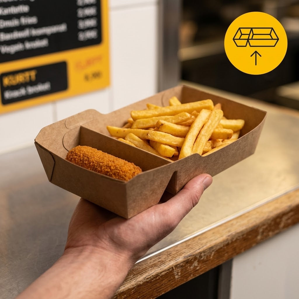 Kraft snackbakker A20 fedttætte med skillevæg – 210x115x48mm kraftpapir pommes frites-bakke | 50/100/500 stk.
