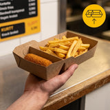 Kraft snackbakker A20 fedttætte med skillevæg – 210x115x48mm kraftpapir pommes frites-bakke | 50/100/500 stk.