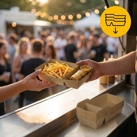 Kraft snackbakker A22 fedttæt med skillevæg – 176x65x35mm kraftpapir pommes frites-bakke | 50/100/500 stk.