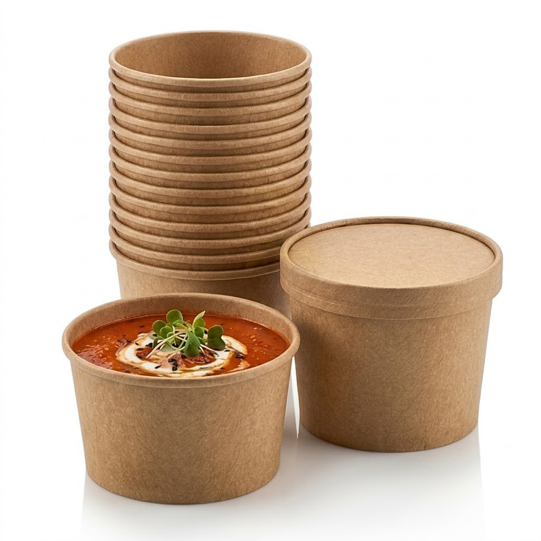 100x Suppebæger af karton med låg 350ml – Kraftpapir, engangs til restauration og catering