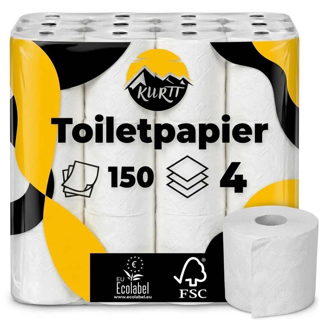 Toiletpapir 4-lags (cellulose) blødt wc-papir med luksuriøst look og høj absorptionsevne. 150 ark pr. rulle
